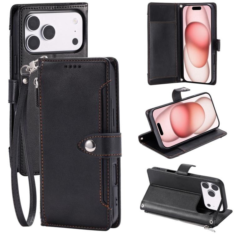 For iPhone 17 Pro Max Litchi Texture Zipper Wallet Buckle Vegan Leather Phone Case with Wrist Strap(Black)