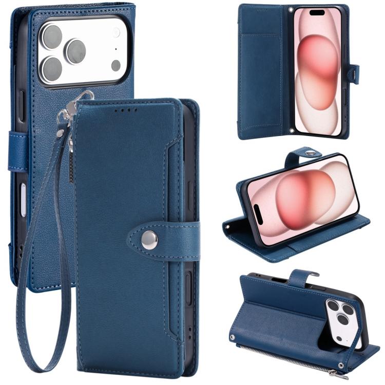 For iPhone 17 Pro Max Litchi Texture Zipper Wallet Buckle Vegan Leather Phone Case with Wrist Strap(Blue)
