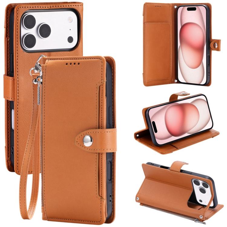 For iPhone 17 Pro Max Litchi Texture Zipper Wallet Buckle Vegan Leather Phone Case with Wrist Strap(Brown)