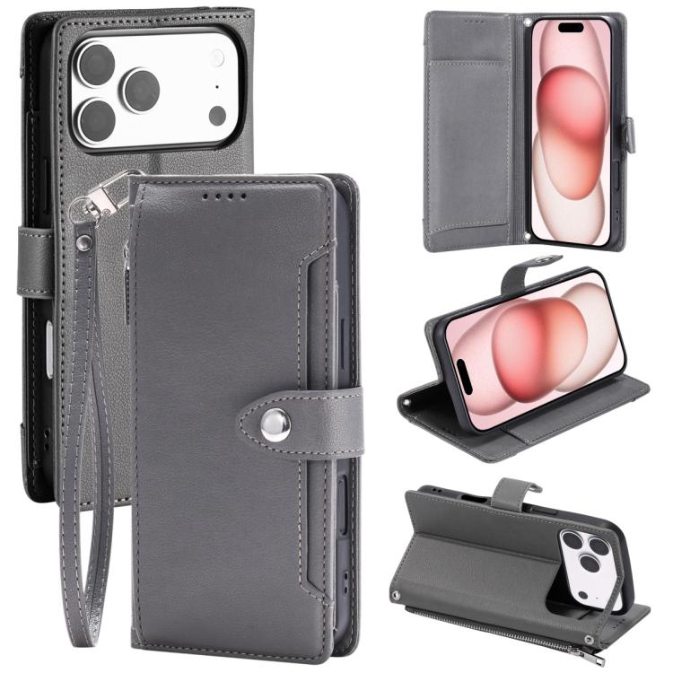 For iPhone 17 Pro Max Litchi Texture Zipper Wallet Buckle Vegan Leather Phone Case with Wrist Strap(Grey)