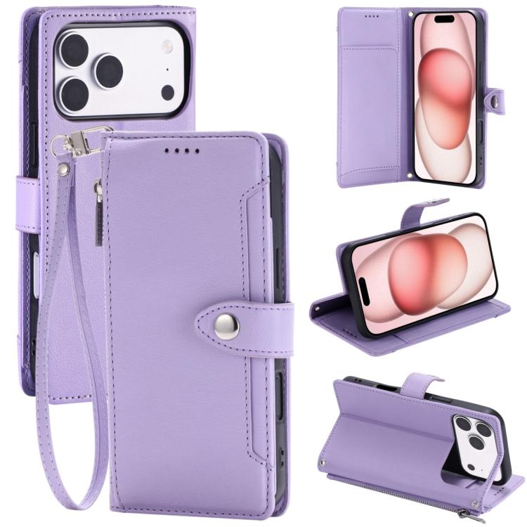 For iPhone 17 Pro Max Litchi Texture Zipper Wallet Buckle Vegan Leather Phone Case with Wrist Strap(Purple)