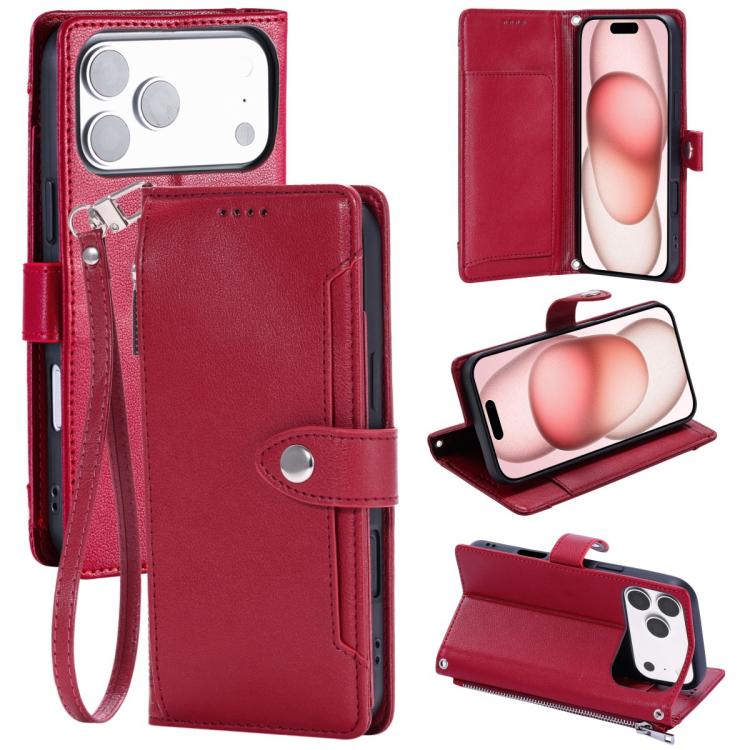 For iPhone 17 Pro Max Litchi Texture Zipper Wallet Buckle Vegan Leather Phone Case with Wrist Strap(Red)