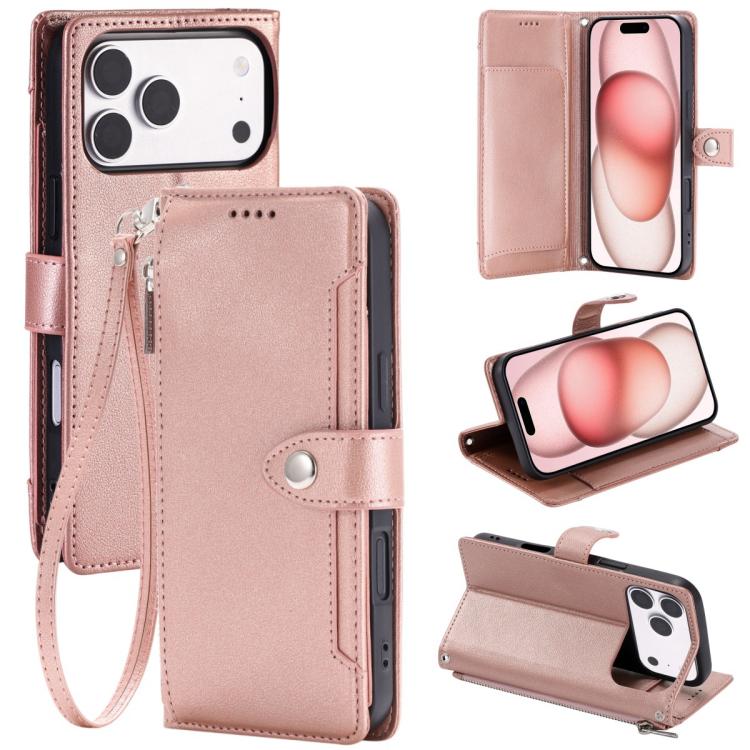 For iPhone 17 Pro Max Litchi Texture Zipper Wallet Buckle Vegan Leather Phone Case with Wrist Strap(Rose Gold)