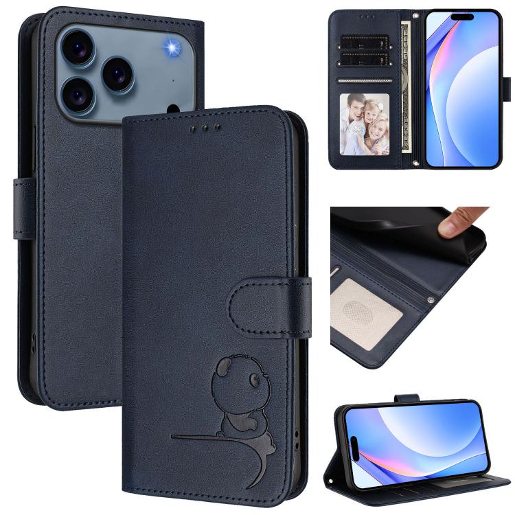 For iPhone 17 Pro Max Litter Panda Embossing RFID Leather Phone Case with Lanyard(Blue)
