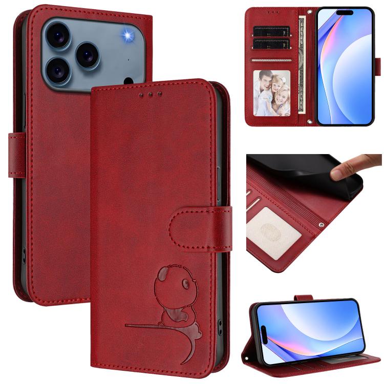 For iPhone 17 Pro Max Litter Panda Embossing RFID Leather Phone Case with Lanyard(Wine Red)