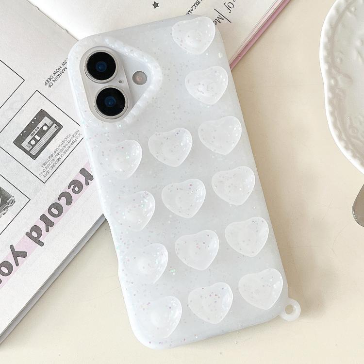For iPhone 17 Pro Max Love Heart Suction Cup Translucent Glitter Phone Case(White)