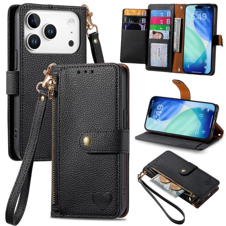 For iPhone 17 Pro Max Love Zipper Lanyard Leather Phone Case(Black)