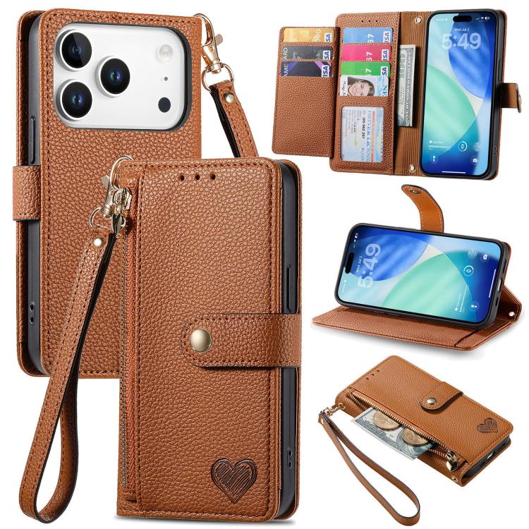 For iPhone 17 Pro Max Love Zipper Lanyard Leather Phone Case(Brown)