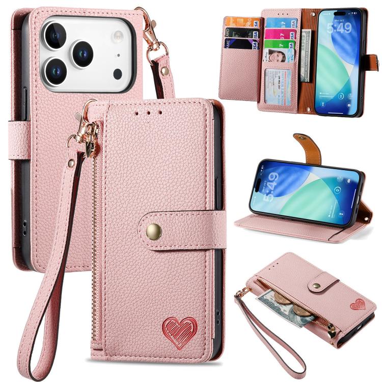 For iPhone 17 Pro Max Love Zipper Lanyard Leather Phone Case(Pink)