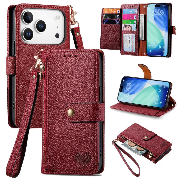 For iPhone 17 Pro Max Love Zipper Lanyard Leather Phone Case(Red)