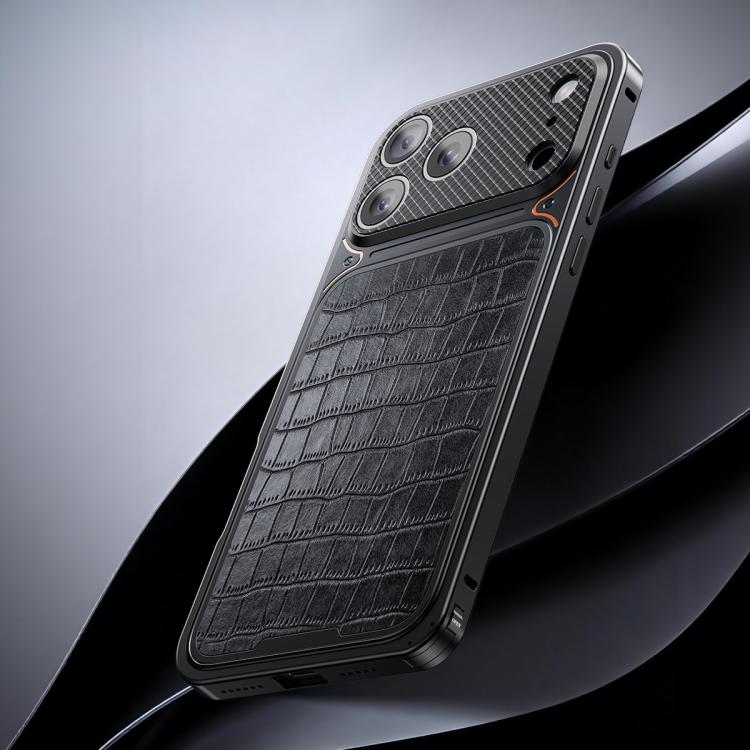 For iPhone 17 Pro Max Luxury Leather-Texture Magnetic Metal Phone Case with Spring Buckle(Black)