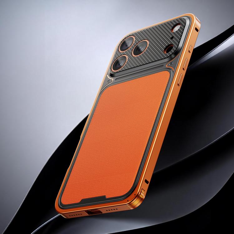 For iPhone 17 Pro Max Luxury Leather-Texture Magnetic Metal Phone Case with Spring Buckle(Black Orange)
