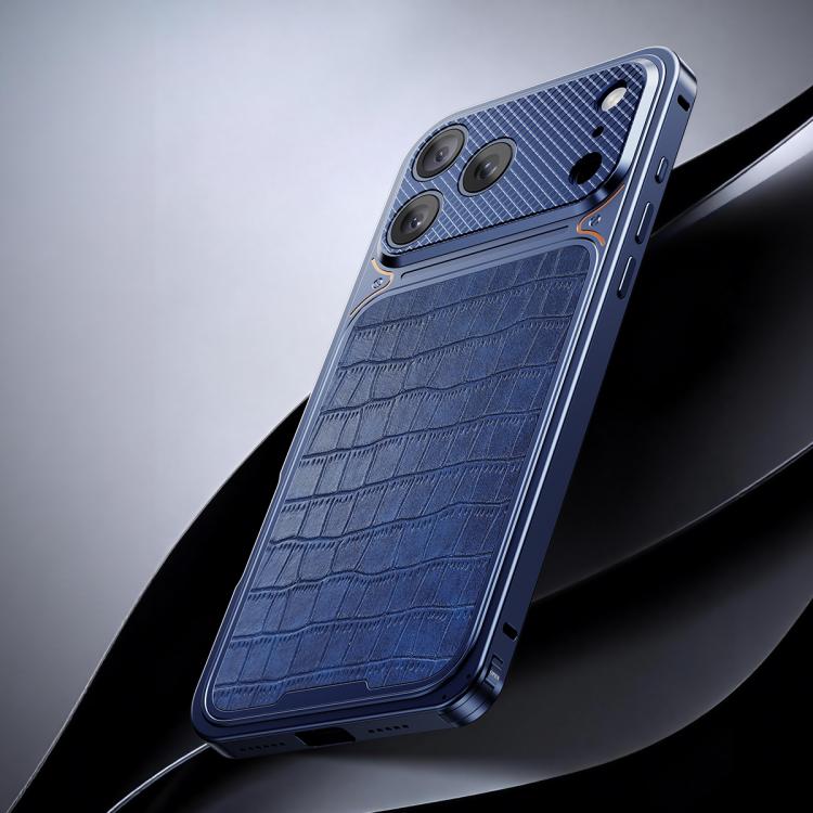 For iPhone 17 Pro Max Luxury Leather-Texture Magnetic Metal Phone Case with Spring Buckle(Blue)