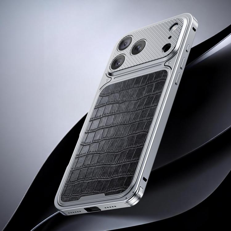 For iPhone 17 Pro Max Luxury Leather-Texture Magnetic Metal Phone Case with Spring Buckle(Silver Black)