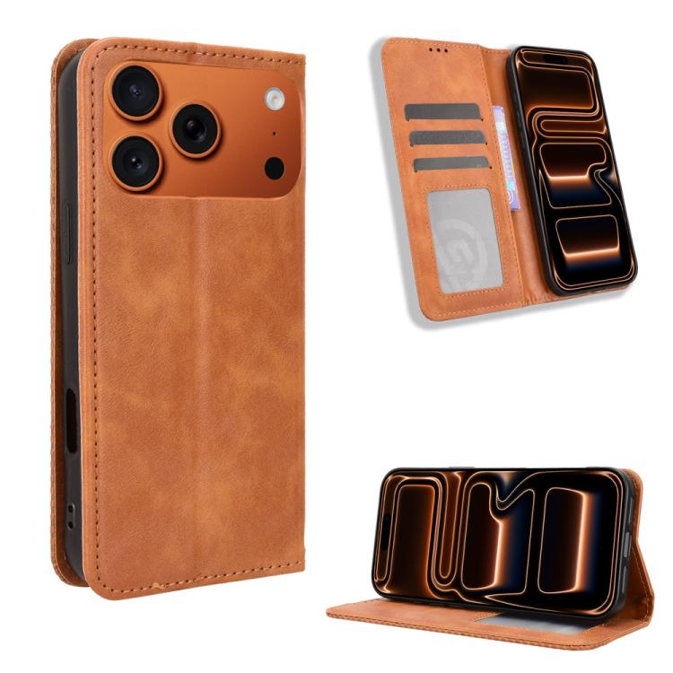 For iPhone 17 Pro Max Magnetic Buckle Retro Texture Leather Phone Case(Brown)