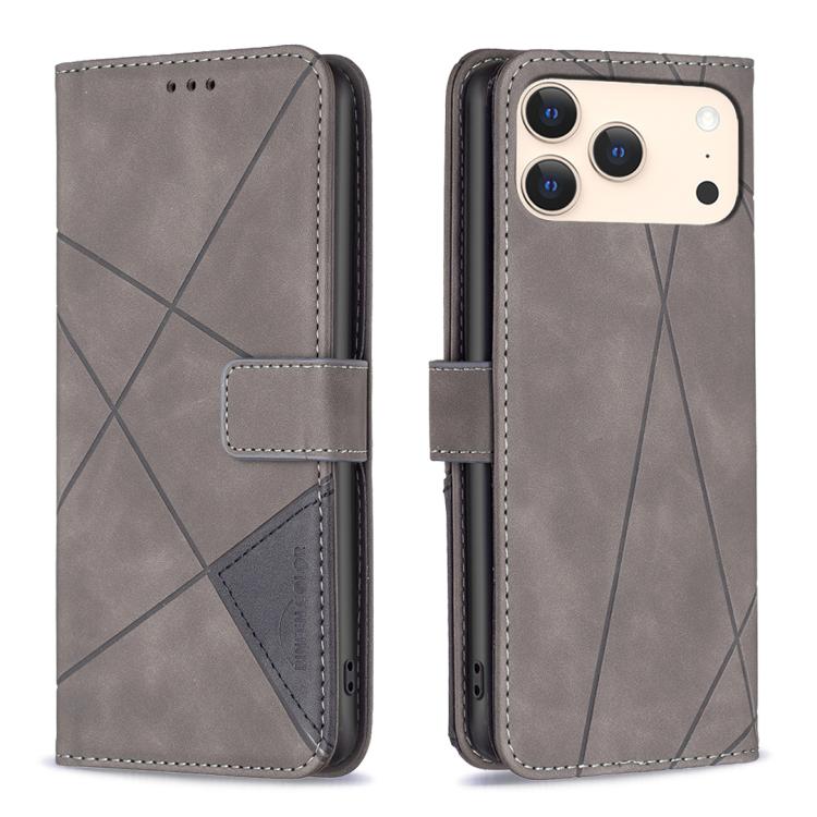 For iPhone 17 Pro Max Magnetic Buckle Rhombus Texture Leather Phone Case(Grey)