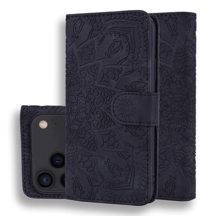 For iPhone 17 Pro Max Mandala Embossed Dual-Fold Calf Leather Phone Case(Black)