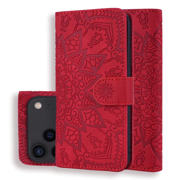 For iPhone 17 Pro Max Mandala Embossed Dual-Fold Calf Leather Phone Case(Red)