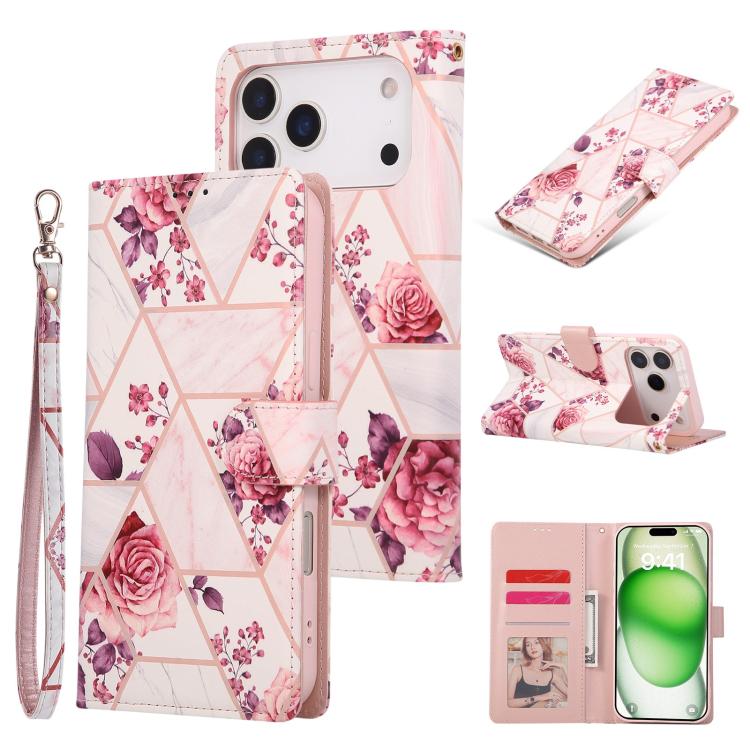 For iPhone 17 Pro Max Marble Bronzing Stitching Leather Phone Case(Rose Gold)