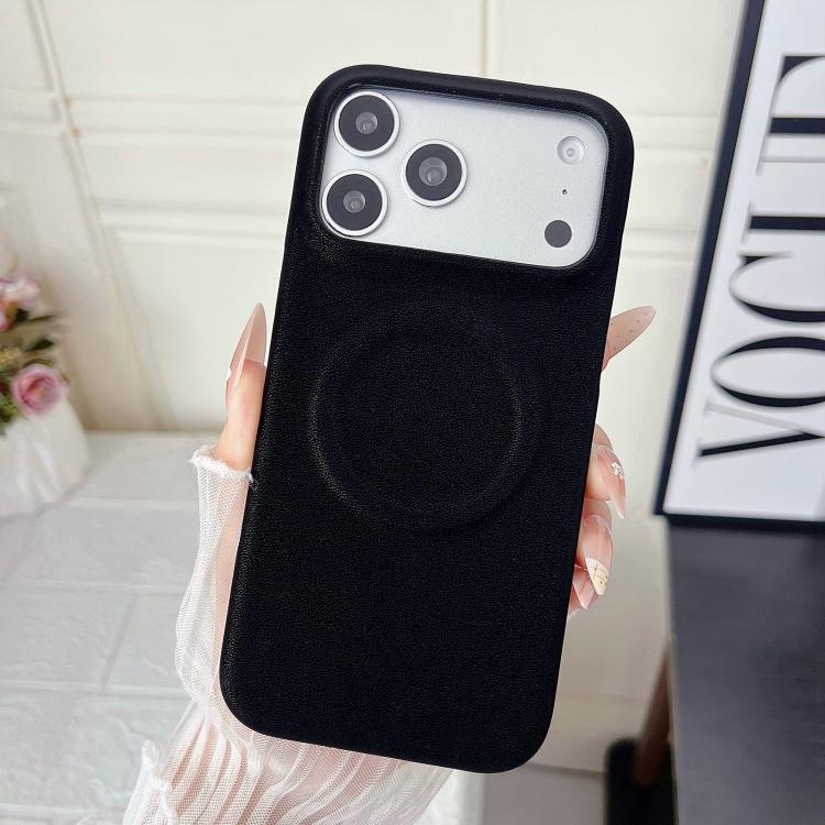 For iPhone 17 Pro Max Matte Velvet Finish PC + Vegan Leather Magnetic Phone Case(Black)
