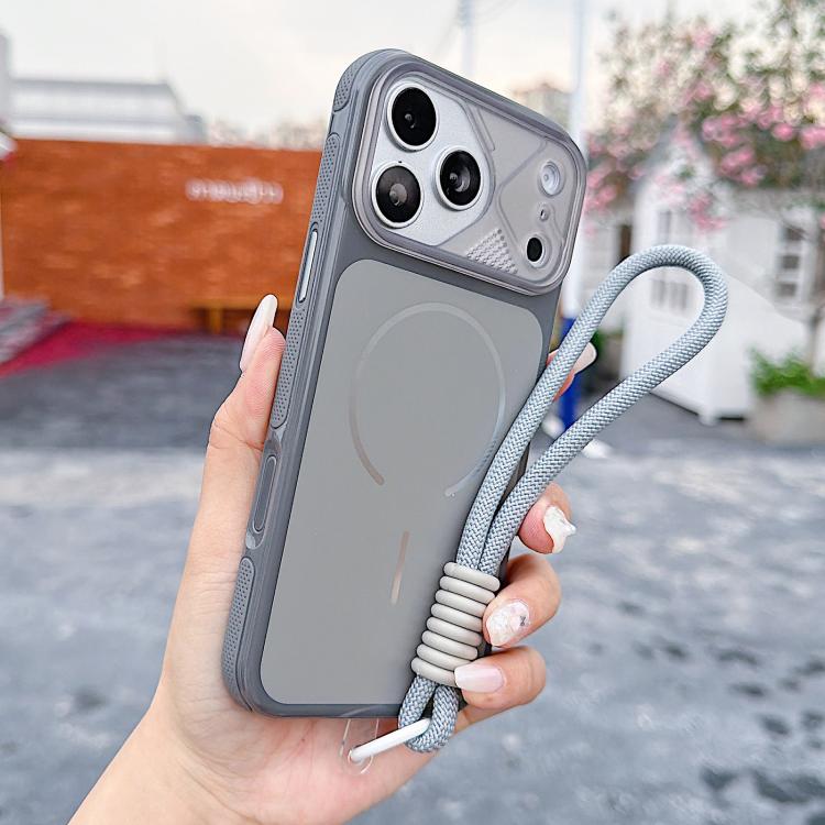 For iPhone 17 Pro Max Mecha Style Change to 17 Magnetic Phone Case with Wrist Strap(Grey)