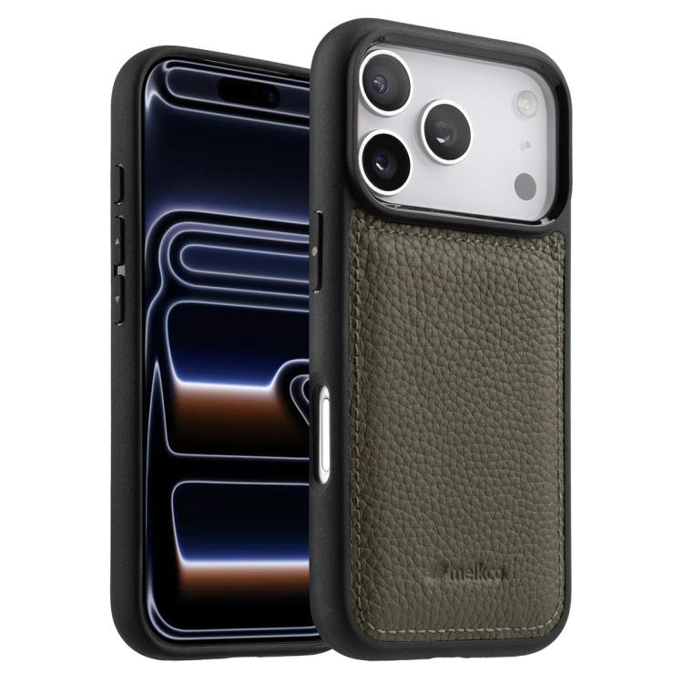 For iPhone 17 Pro Max melkco Litchi Texture Full Coverage Genuine Leather Hybrid PC Phone Case(Grey)