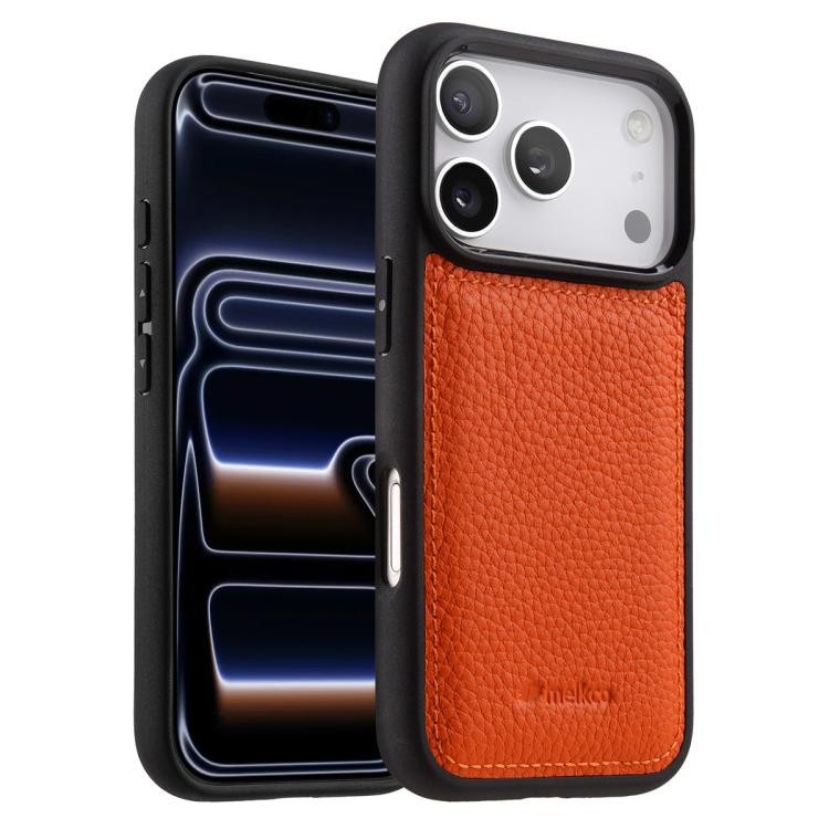For iPhone 17 Pro Max melkco Litchi Texture Full Coverage Genuine Leather Hybrid PC Phone Case(Orange)