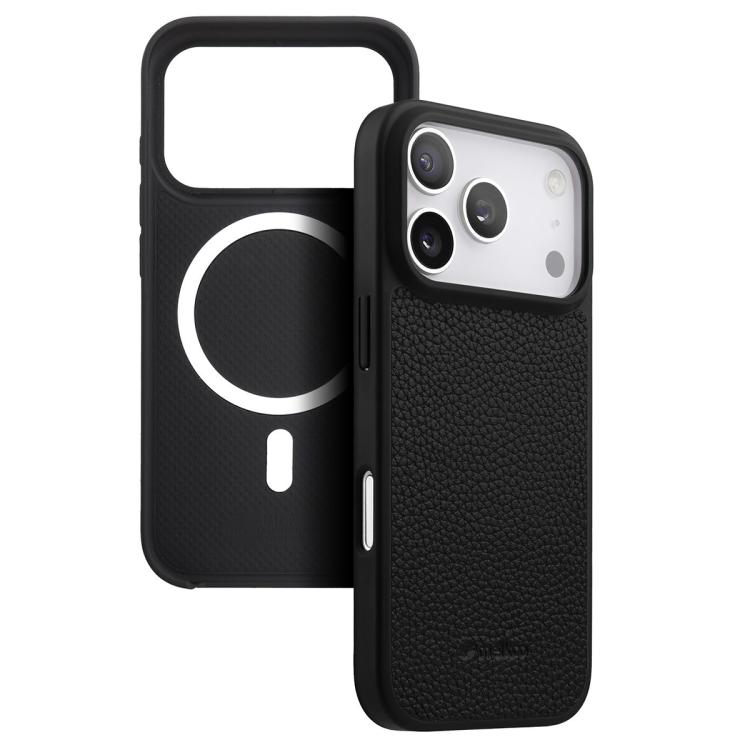 For iPhone 17 Pro Max melkco Litchi Texture Magnetic Full Coverage Genuine Leather Hybrid PC Phone Case(Black)
