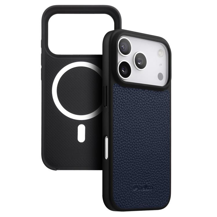 For iPhone 17 Pro Max melkco Litchi Texture Magnetic Full Coverage Genuine Leather Hybrid PC Phone Case(Dark Blue)