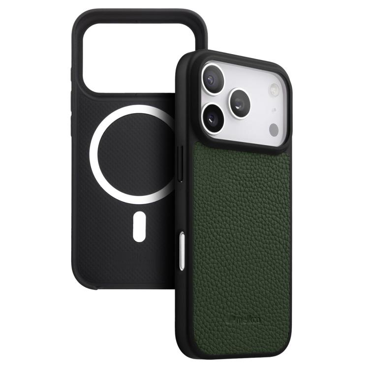 For iPhone 17 Pro Max melkco Litchi Texture Magnetic Full Coverage Genuine Leather Hybrid PC Phone Case(Dark Green)
