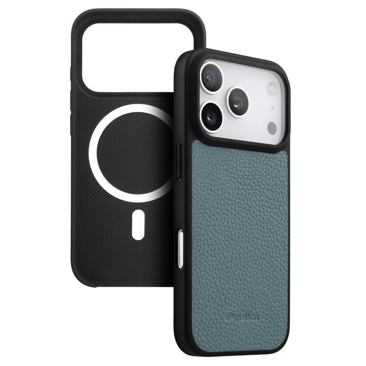 For iPhone 17 Pro Max melkco Litchi Texture Magnetic Full Coverage Genuine Leather Hybrid PC Phone Case(Light Blue)