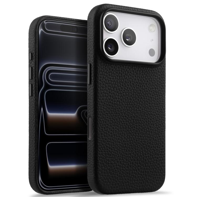For iPhone 17 Pro Max melkco Litchi Texture Magnetic Full Coverage Genuine Leather Phone Case with AI Button(Black)