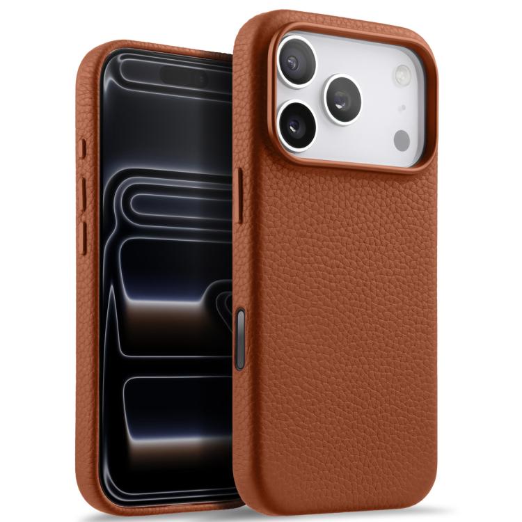 For iPhone 17 Pro Max melkco Litchi Texture Magnetic Full Coverage Genuine Leather Phone Case with AI Button(Brown)
