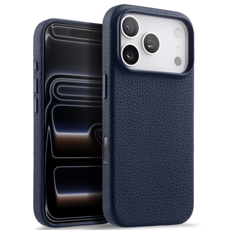 For iPhone 17 Pro Max melkco Litchi Texture Magnetic Full Coverage Genuine Leather Phone Case with AI Button(Dark Blue)