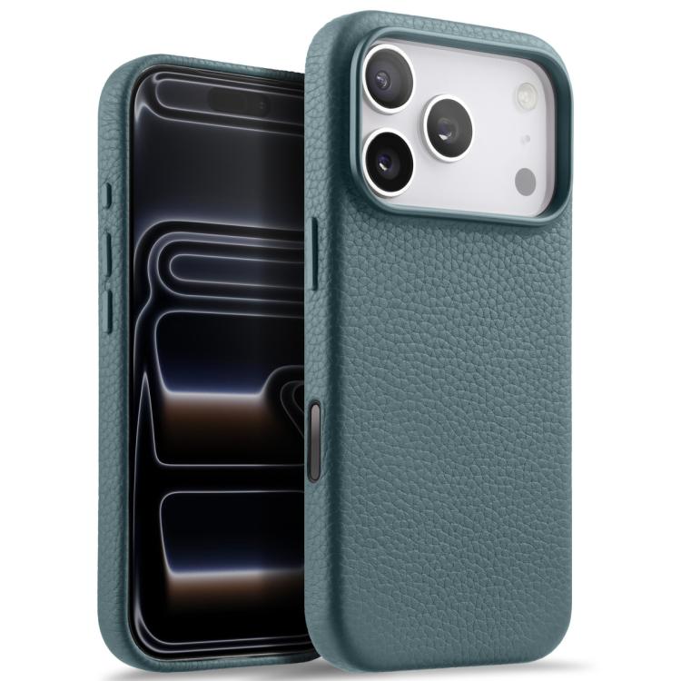 For iPhone 17 Pro Max melkco Litchi Texture Magnetic Full Coverage Genuine Leather Phone Case with AI Button(Light Blue)