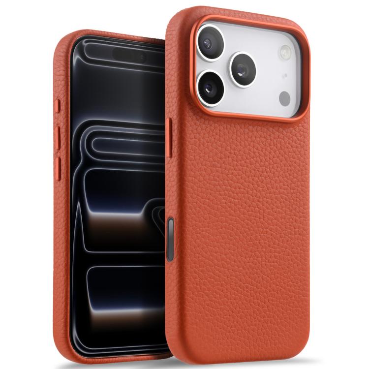 For iPhone 17 Pro Max melkco Litchi Texture Magnetic Full Coverage Genuine Leather Phone Case with AI Button(Orange)