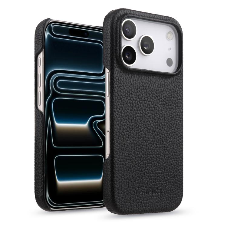 For iPhone 17 Pro Max melkco Litchi Texture Magnetic Half Coverage Genuine Leather Phone Case(Black)