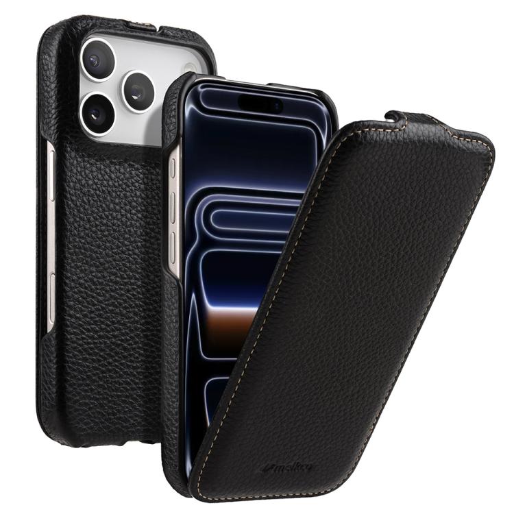 For iPhone 17 Pro Max melkco Litchi Texture Vertical Flip Magnetic Genuine Leather Phone Case(Black)
