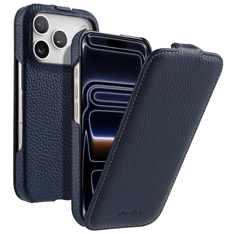 For iPhone 17 Pro Max melkco Litchi Texture Vertical Flip Magnetic Genuine Leather Phone Case(Dark Blue)