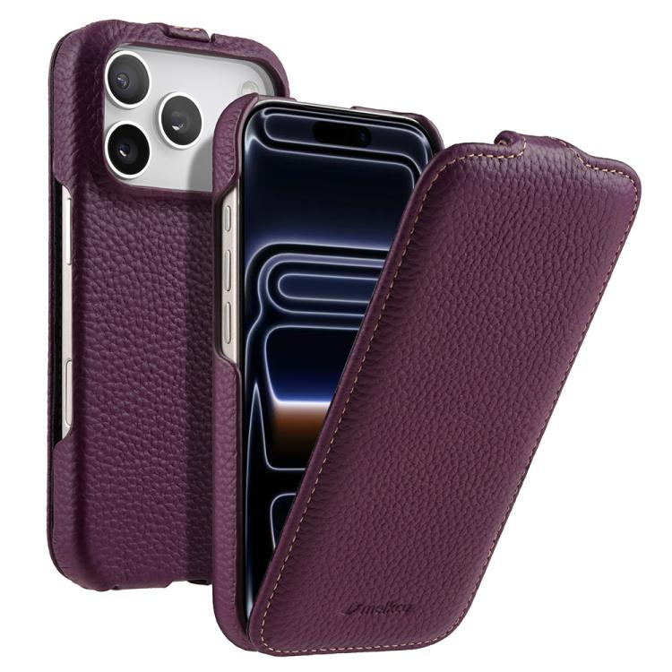 For iPhone 17 Pro Max melkco Litchi Texture Vertical Flip Magnetic Genuine Leather Phone Case(Purple)