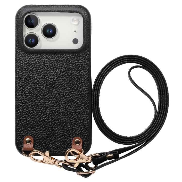 For iPhone 17 Pro Max Metal Buckle Crossbody Lanyard Litchi Texture PU Back Phone Case(Black)