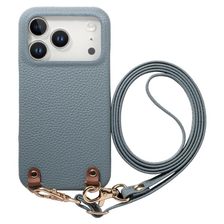 For iPhone 17 Pro Max Metal Buckle Crossbody Lanyard Litchi Texture PU Back Phone Case(Blue)