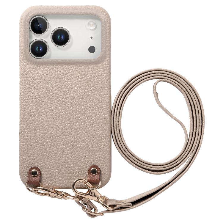 For iPhone 17 Pro Max Metal Buckle Crossbody Lanyard Litchi Texture PU Back Phone Case(White)