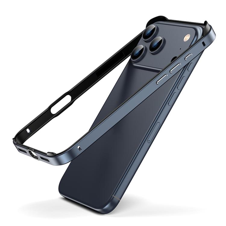 For iPhone 17 Pro Max Metal Hybrid Silicone Four-Corner Shockproof Cooling Phone Frame Case(Black vinyl + Blue)