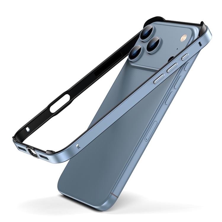 For iPhone 17 Pro Max Metal Hybrid Silicone Four-Corner Shockproof Cooling Phone Frame Case(Black vinyl + Peak Blue)