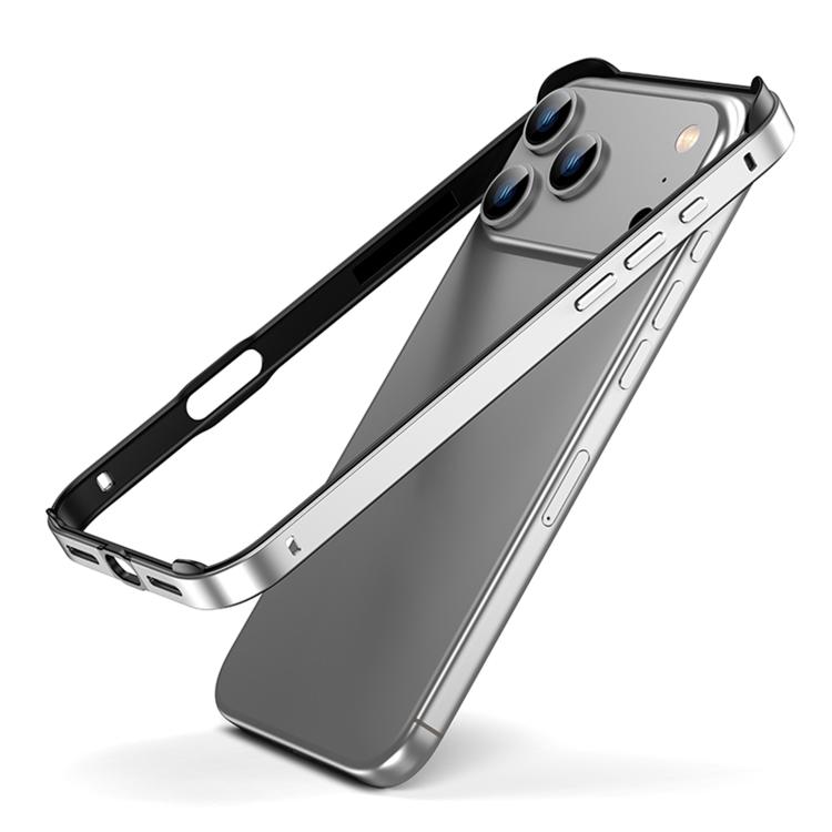 For iPhone 17 Pro Max Metal Hybrid Silicone Four-Corner Shockproof Cooling Phone Frame Case(Black vinyl + Silver)