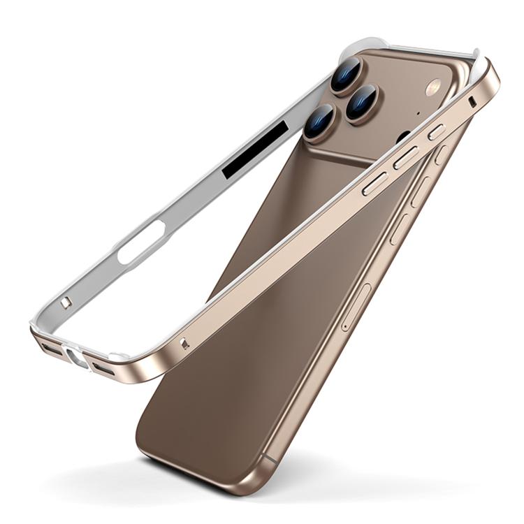 For iPhone 17 Pro Max Metal Hybrid Silicone Four-Corner Shockproof Cooling Phone Frame Case(White vinyl + Desert Gold)
