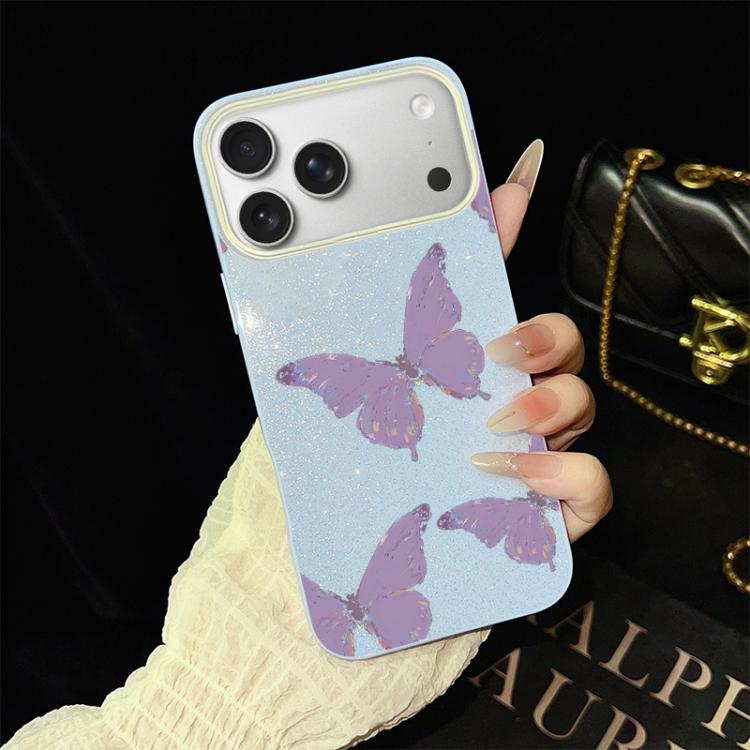 For iPhone 17 Pro Max Minimalist Purple Butterflies Pattern IMD Glitter PC Hybrid TPU Phone Case(Blue)