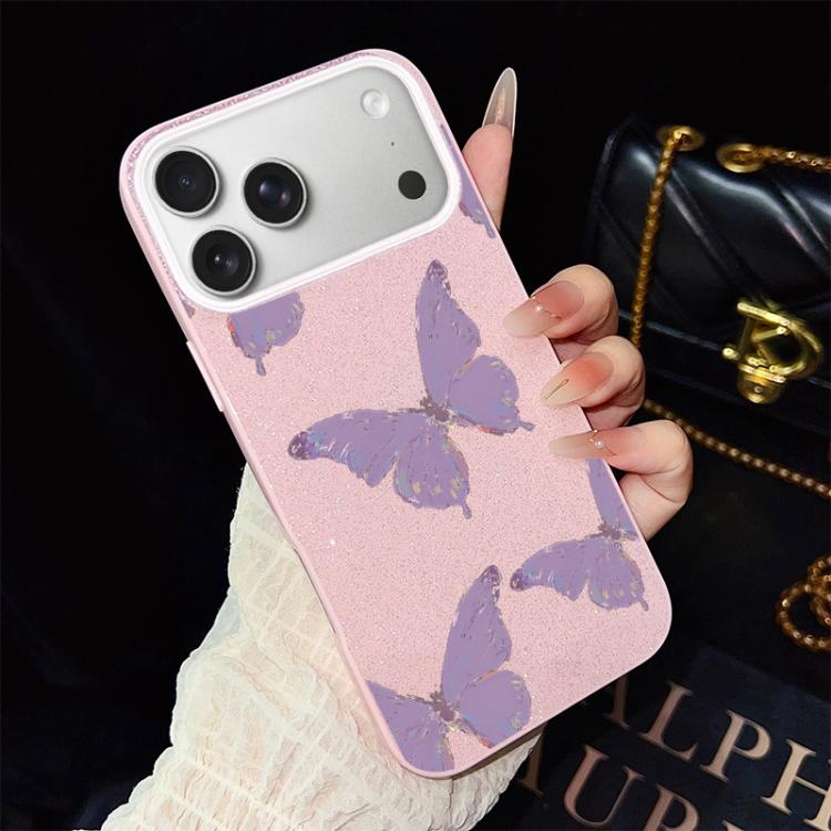 For iPhone 17 Pro Max Minimalist Purple Butterflies Pattern IMD Glitter PC Hybrid TPU Phone Case(Pink)