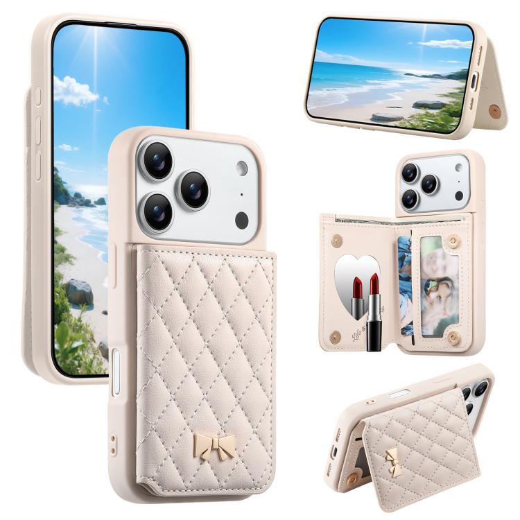 For iPhone 17 Pro Max Mirror Rhombic Texture Metal Bow-knot Vegan Leather Card Bag Phone Case(Beige)